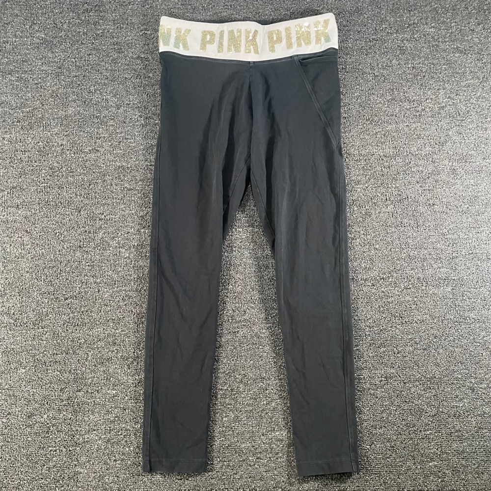 PINK Victoria's Secret Yoga Leggings Women M Black Good Sequin Logo Waistband